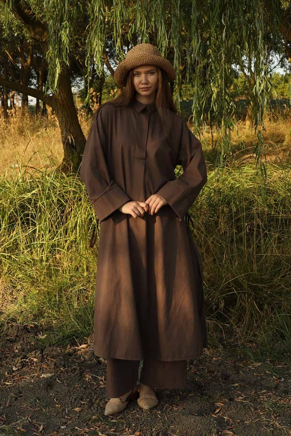 Yırtmaçlı Uzun Tunik Takım Kahverengi - 1