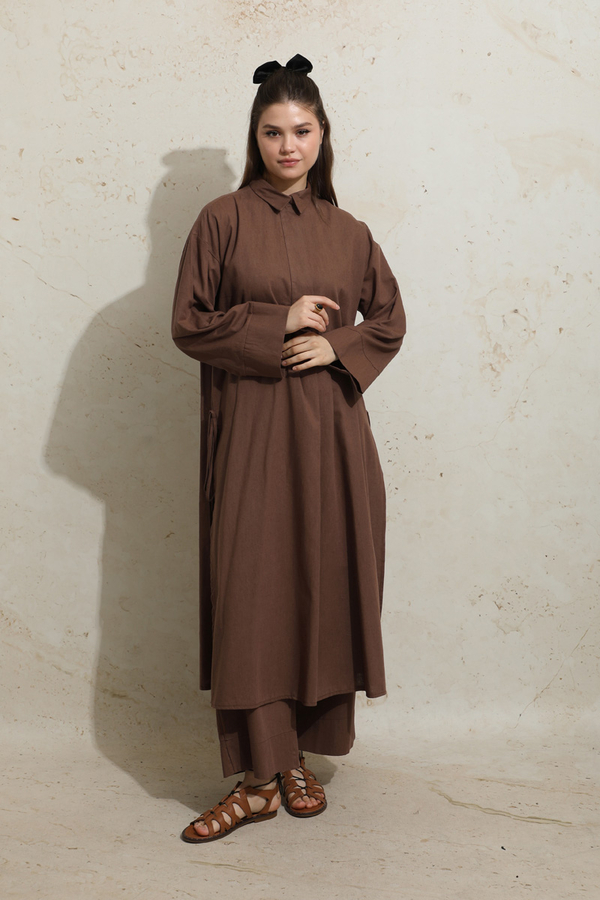 Yırtmaçlı Uzun Tunik Takım Kahverengi - 5