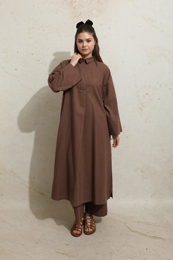 Yırtmaçlı Uzun Tunik Takım Kahverengi - 4