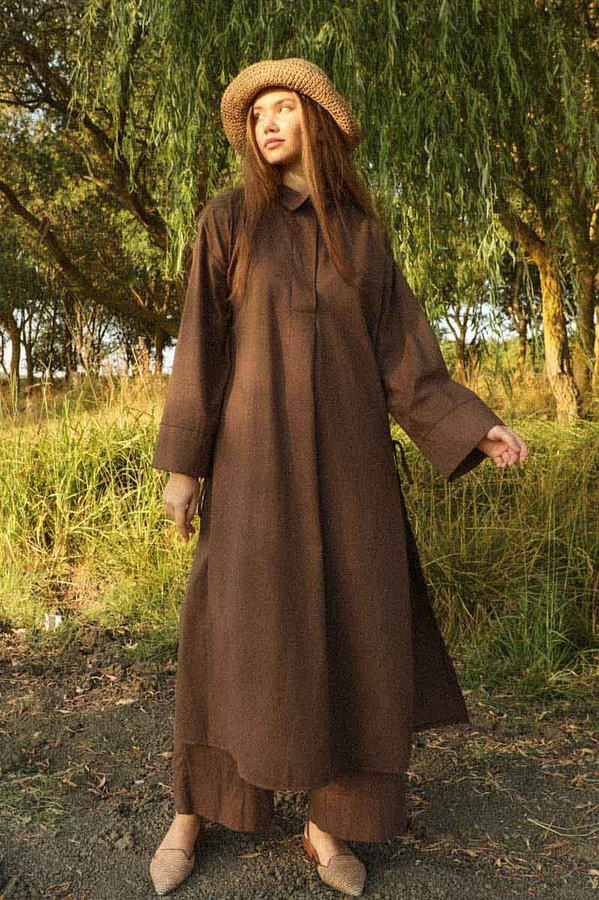 Yırtmaçlı Uzun Tunik Takım Kahverengi - 3