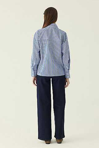 Yoke Detailed Striped Shirt Blue - 4