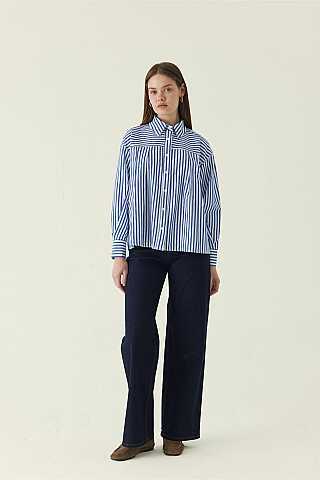 Yoke Detailed Striped Shirt Blue - 1
