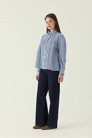 Yoke Detailed Striped Shirt Blue - 5