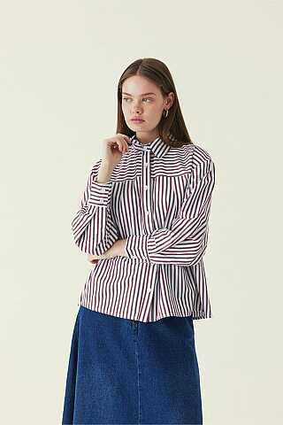 Yoke Detailed Striped Shirt Burgundy - 1