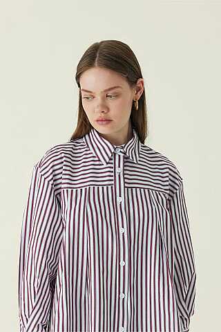 Yoke Detailed Striped Shirt Burgundy - 2