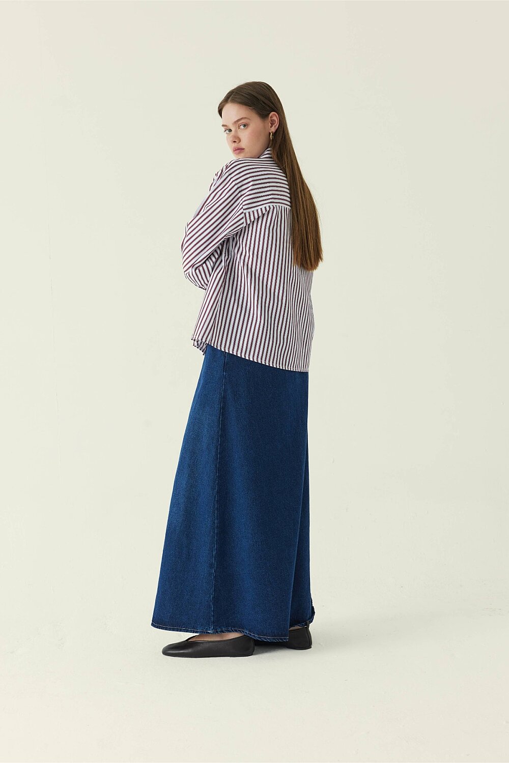 Yoke Detailed Striped Shirt Burgundy - 3