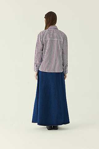 Yoke Detailed Striped Shirt Burgundy - 4