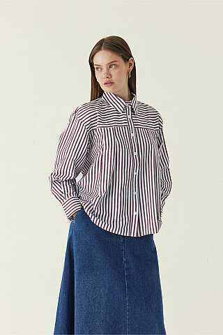 Yoke Detailed Striped Shirt Burgundy - 5