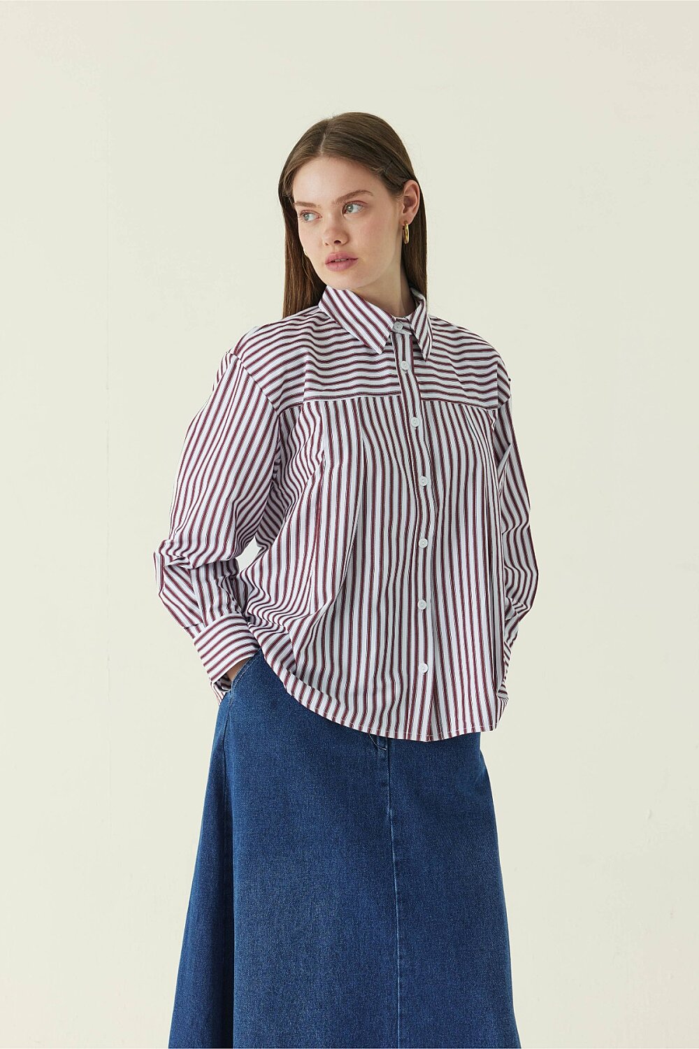 Yoke Detailed Striped Shirt Burgundy - 5