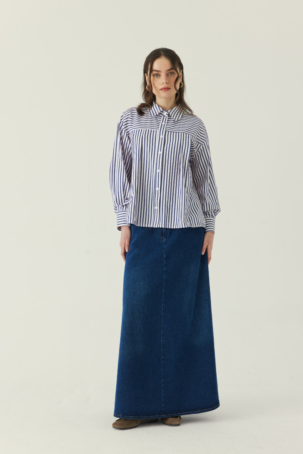 Yoke Detailed Striped Shirt Navy 