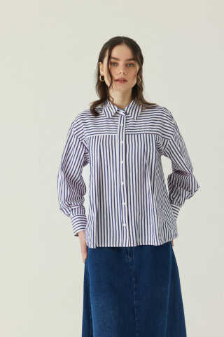 Yoke Detailed Striped Shirt Navy - 2