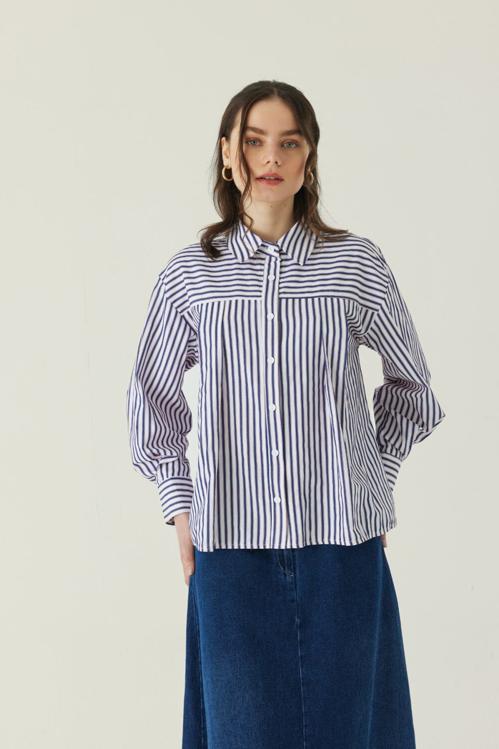 Yoke Detailed Striped Shirt Navy - 2