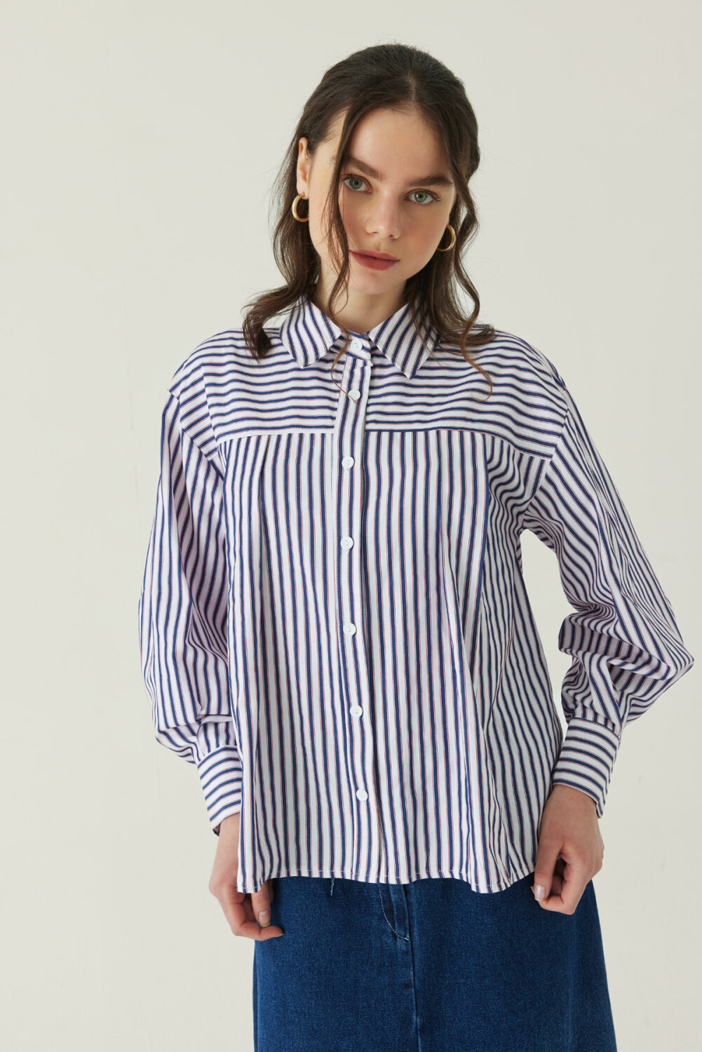 Yoke Detailed Striped Shirt Navy - 3