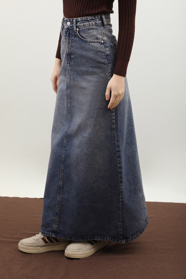 Yüksek Bel Denim Etek Lacivert - 3