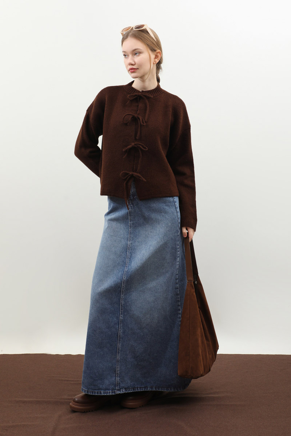 Yüksek Bel Denim Etek Mavi - 2