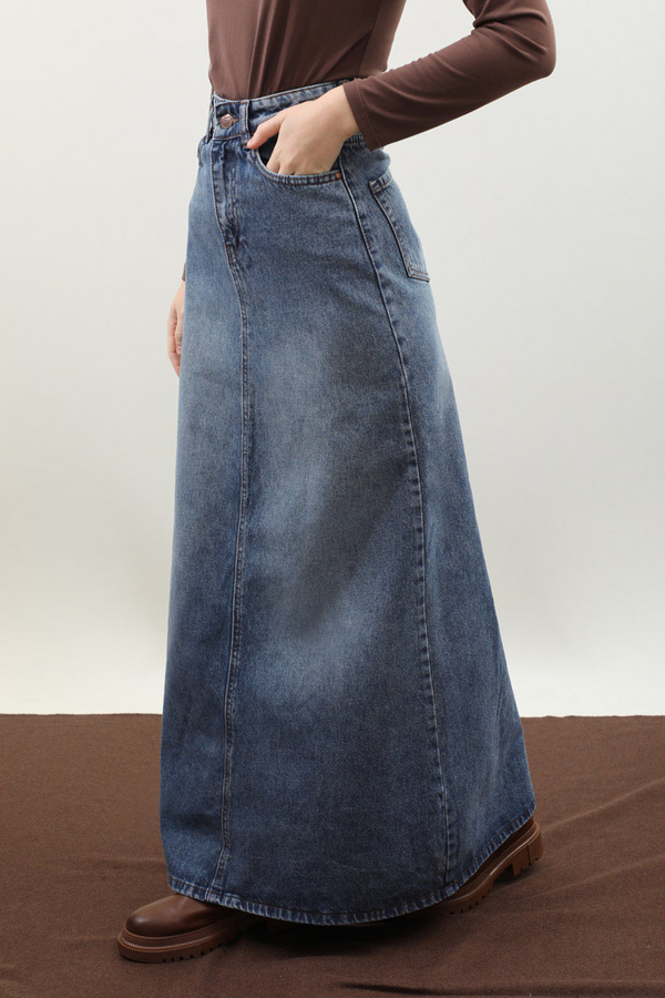 Yüksek Bel Denim Etek Mavi - 1