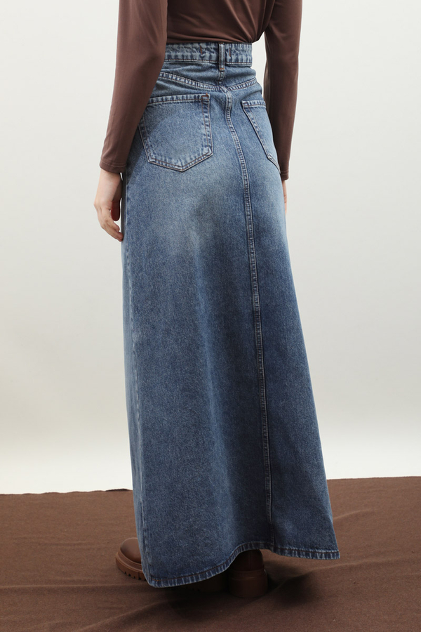 Yüksek Bel Denim Etek Mavi - 6