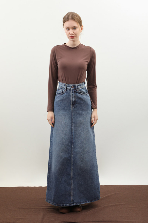 Yüksek Bel Denim Etek Mavi - 3