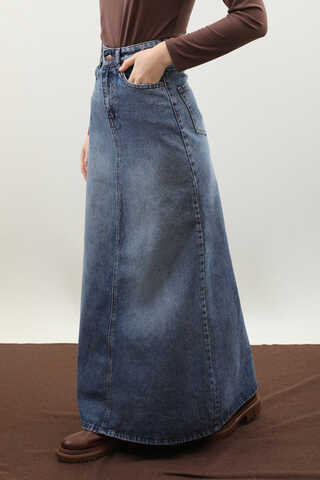 Yüksek Bel Denim Etek Mavi - 1