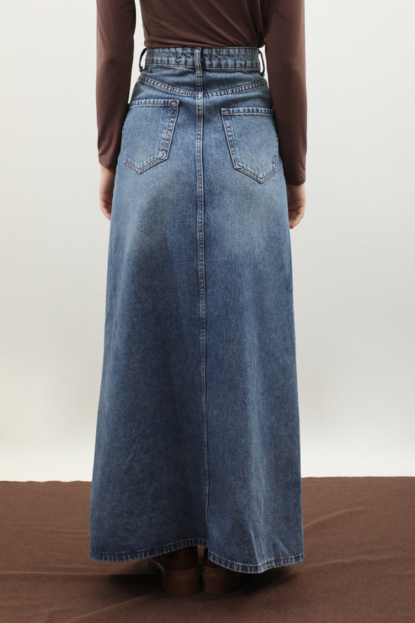 Yüksek Bel Denim Etek Mavi - 5