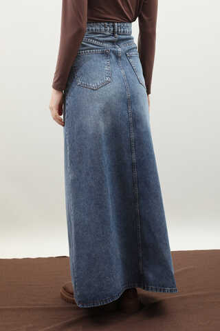 Yüksek Bel Denim Etek Mavi - 6