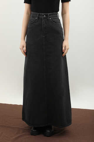 Yüksek Bel Denim Etek Siyah - 2