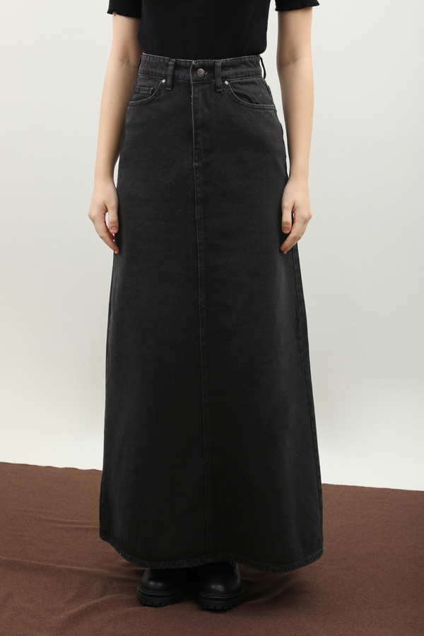 Yüksek Bel Denim Etek Siyah - 2