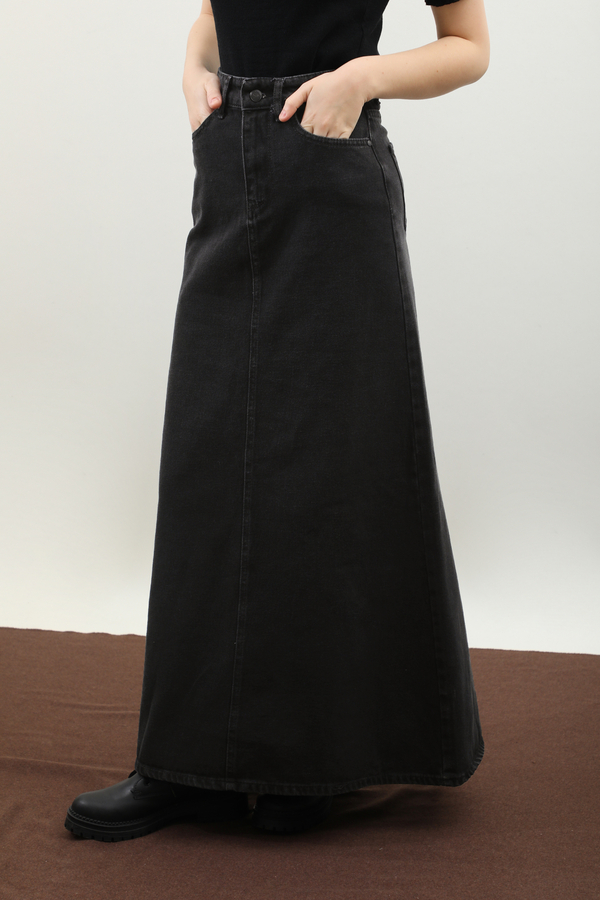 Yüksek Bel Denim Etek Siyah - 3