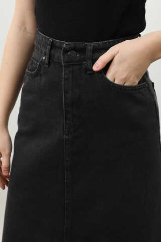 Yüksek Bel Denim Etek Siyah - 4