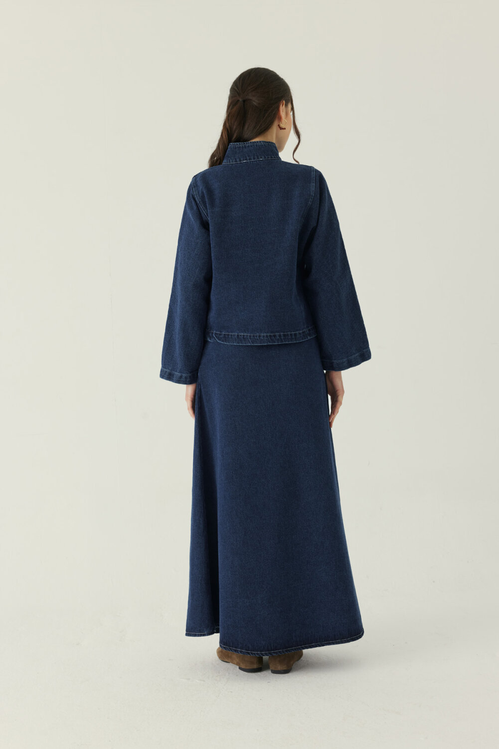 Yüksek Yaka Denim Ceket Mavi - 5