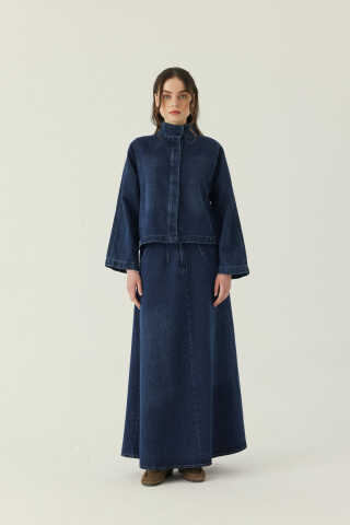 Yüksek Yaka Denim Ceket Mavi - 7