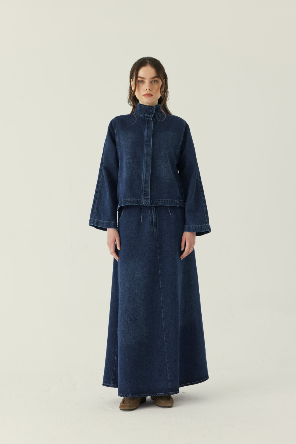 Yüksek Yaka Denim Ceket Mavi - 7