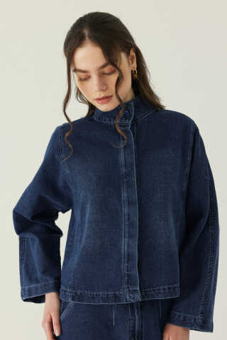 Yüksek Yaka Denim Ceket Mavi - 3