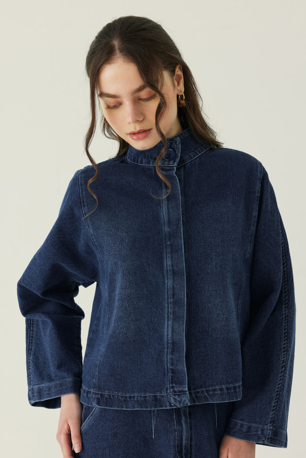Yüksek Yaka Denim Ceket Mavi - 3