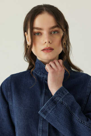 Yüksek Yaka Denim Ceket Mavi - 4