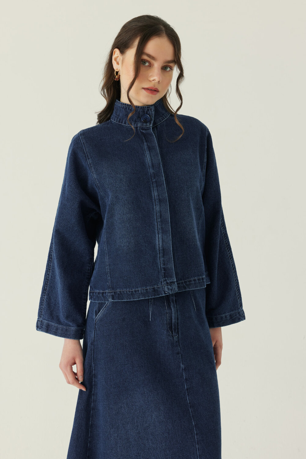 Yüksek Yaka Denim Ceket Mavi - 8