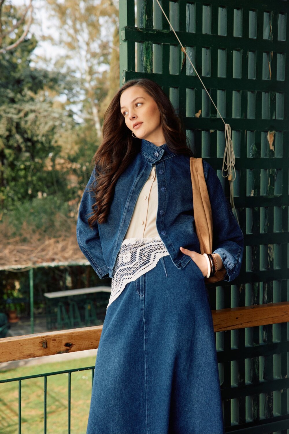 Yüksek Yaka Denim Ceket Mavi - 2