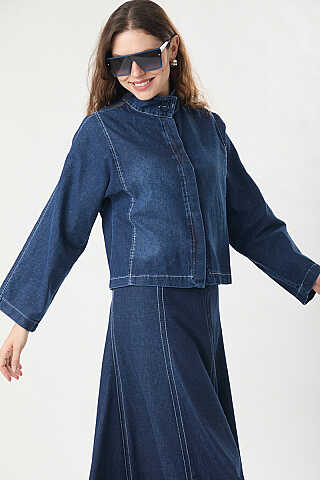 Yüksek Yaka Denim Ceket Mavi - 4