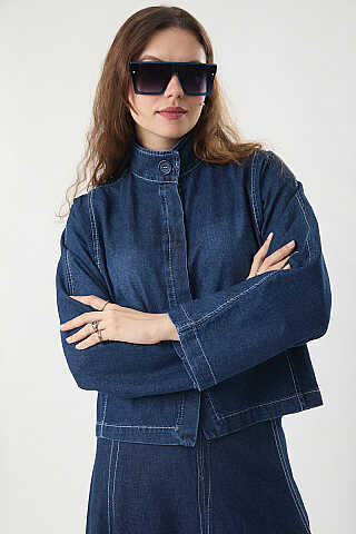 Yüksek Yaka Denim Ceket Mavi - 8