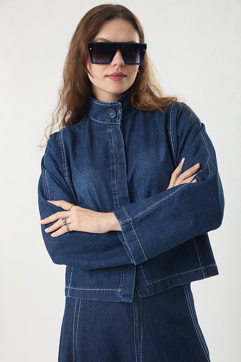 Yüksek Yaka Denim Ceket Mavi - 8