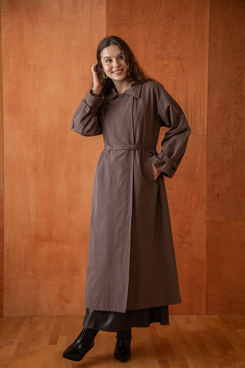 Yüksek Yaka Oversize Trençkot Kahve - 1