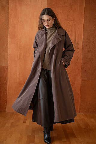 Yüksek Yaka Oversize Trençkot Kahve - 3