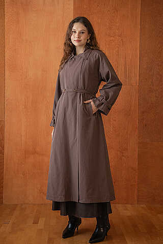 Yüksek Yaka Oversize Trençkot Kahve - 5