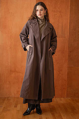 Yüksek Yaka Oversize Trençkot Kahve - 6