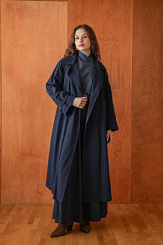 Yüksek Yaka Oversize Trençkot Lacivert - 1