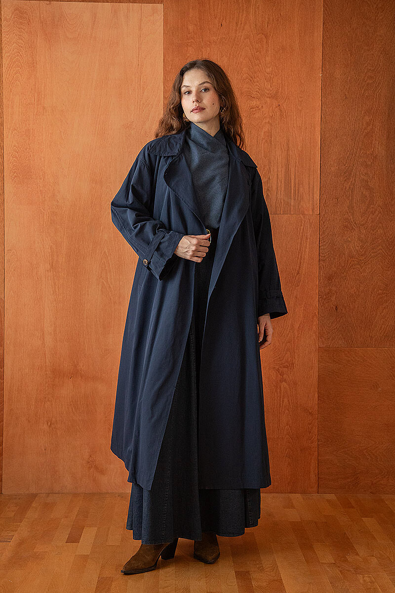 Yüksek Yaka Oversize Trençkot Lacivert