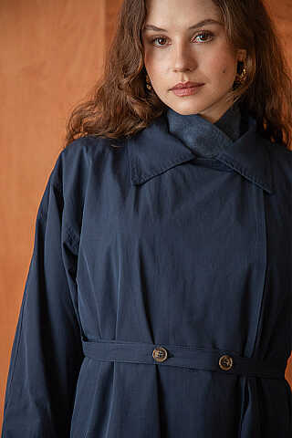 Yüksek Yaka Oversize Trençkot Lacivert - 3