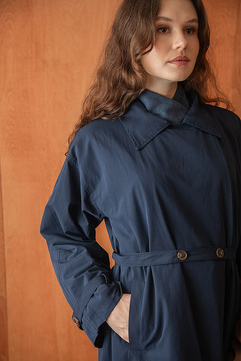 Yüksek Yaka Oversize Trençkot Lacivert - 4