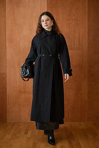 Yüksek Yaka Oversize Trençkot Siyah - 1