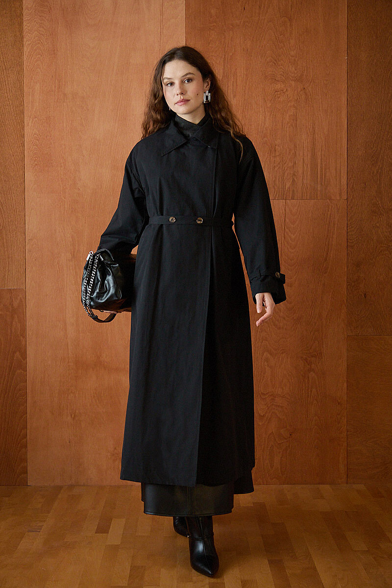 Yüksek Yaka Oversize Trençkot Siyah